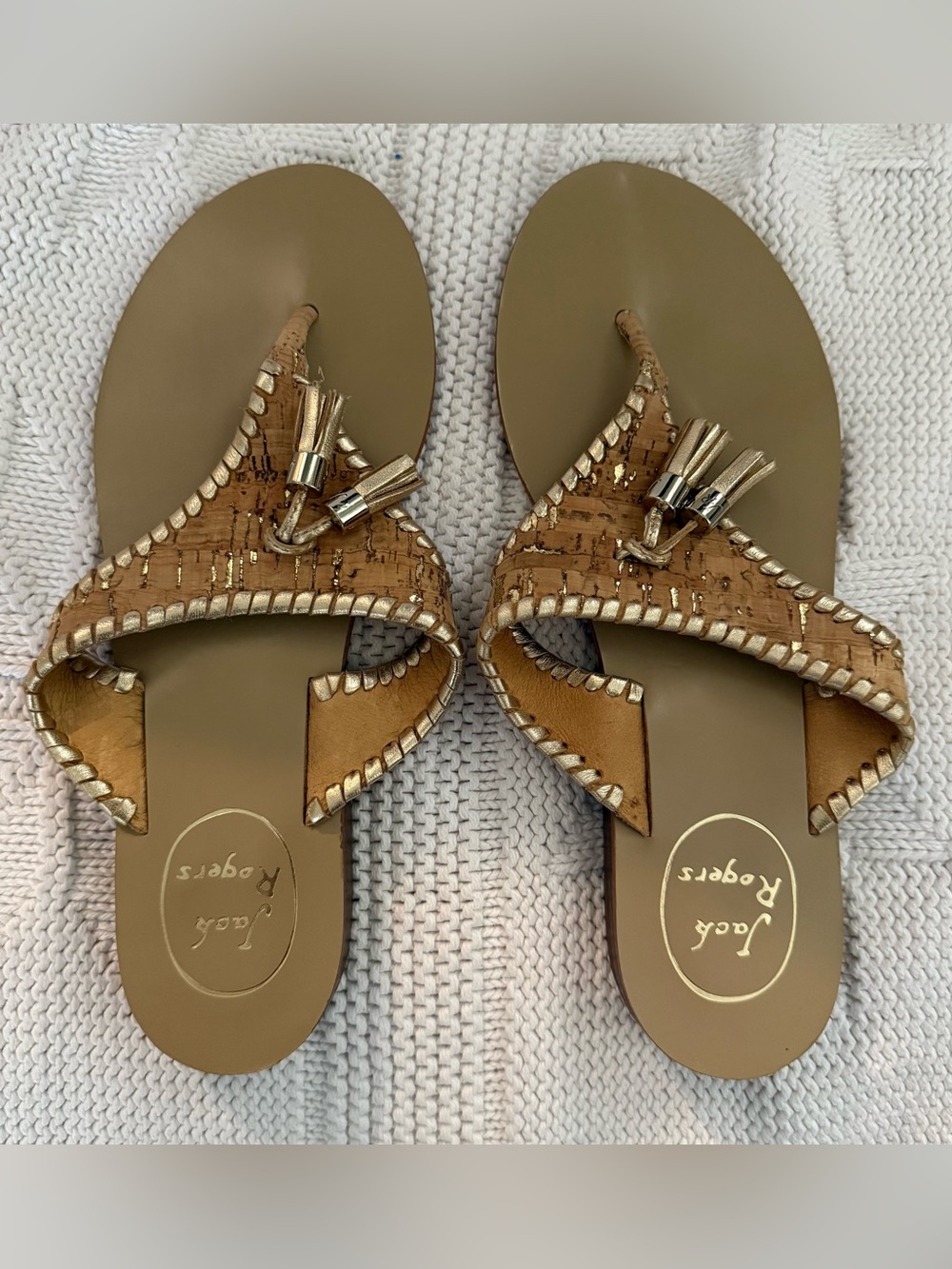 Jack Rogers Tan Cork Tassel Thong Sandals with Gold Trim, 8M